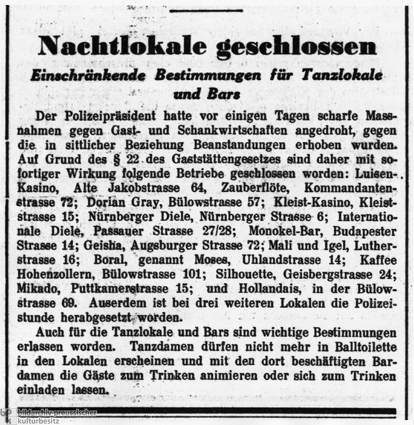 The <i>Berliner Tageblatt</i> [<i>Berlin Daily</i>] Lists the Gay and Lesbian Bars Closed by Berlin's Chief of Police (March 4, 1933)